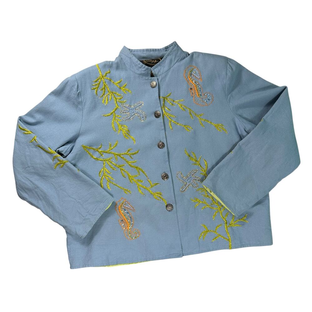 Alex Kim Sea Horse Embroidery Button Up Jacket Wearable Art Cotton Sz Lrge Ocean